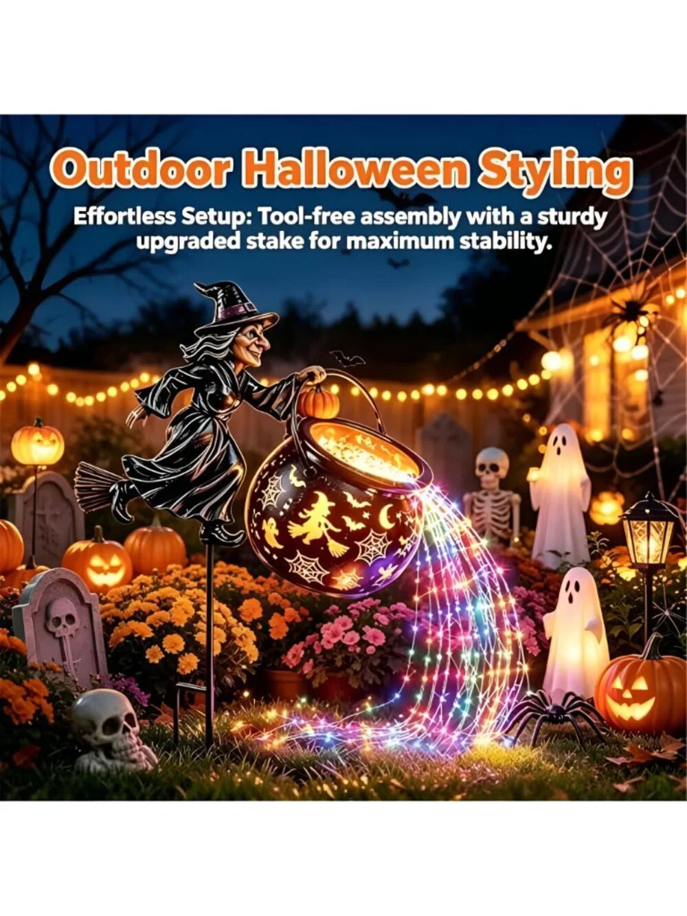 Halloween Witch Cauldron Garden Light,Colorful Waterfall-Style Light Flow